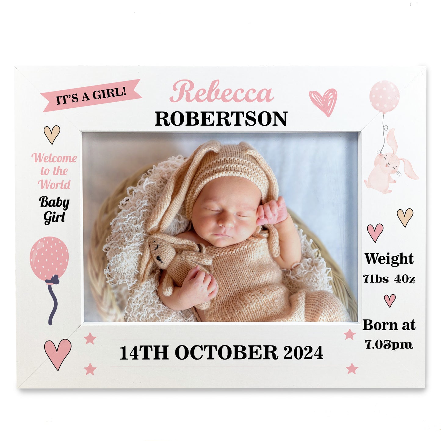 Personalised Baby Girl Birth Details 7x5 Frame Newborn Baby