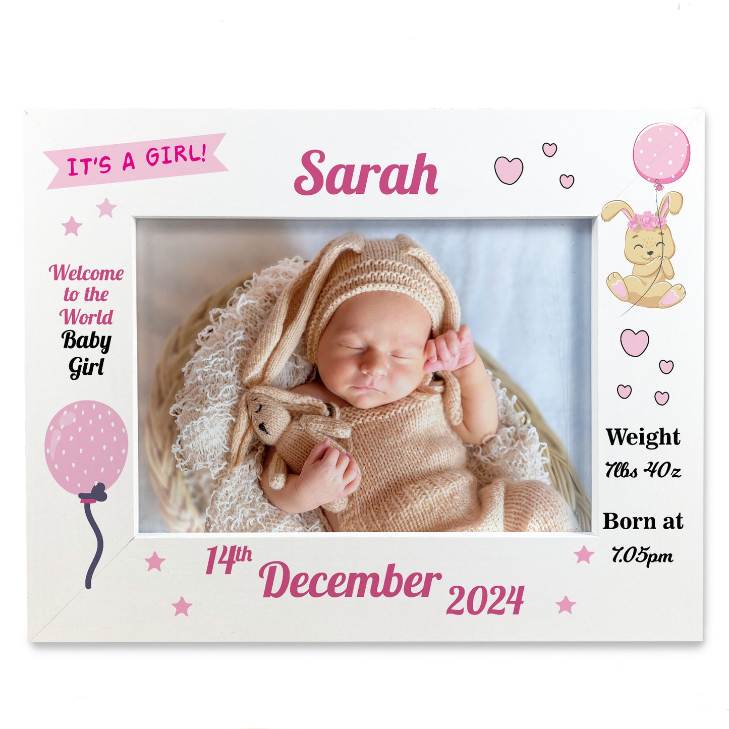 Personalised Birth Details 7x5 White Frame Newborn Baby Gifts