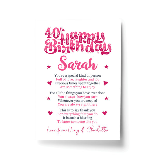 PERSONALISED 40th Birthday Gifts For Her Gift For Daughter A4