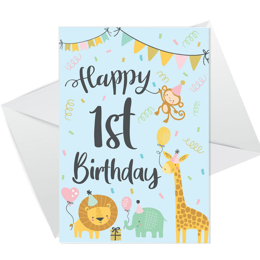 1st Birthday Jungle Animals Card for Girls Boys 1 Year Old Child
