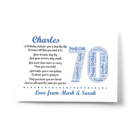 Personalised 70th Birthday Gift for Him Men Dad Grandad A4 Print