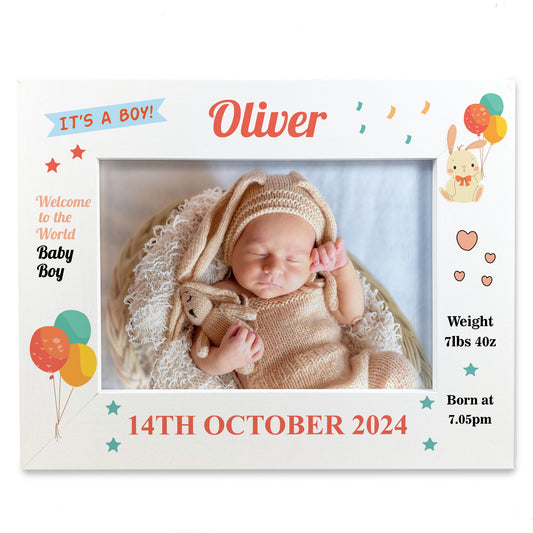 Personalised Baby Boy Birth Details 7x5 White Frame Newborn Baby