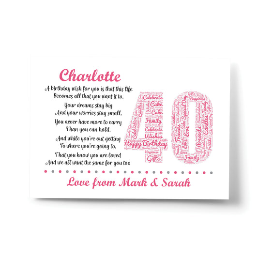 Personalised 40th Birthday Gifts for Her Mum Daughter A4 Print