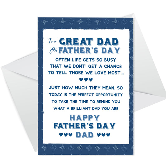 GREAT DAD Card For Fathers Day Card For Him Greetings Cards