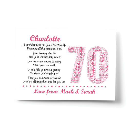 Personalised 70th Birthday Gifts for Her Women Mum Nan A4 Print