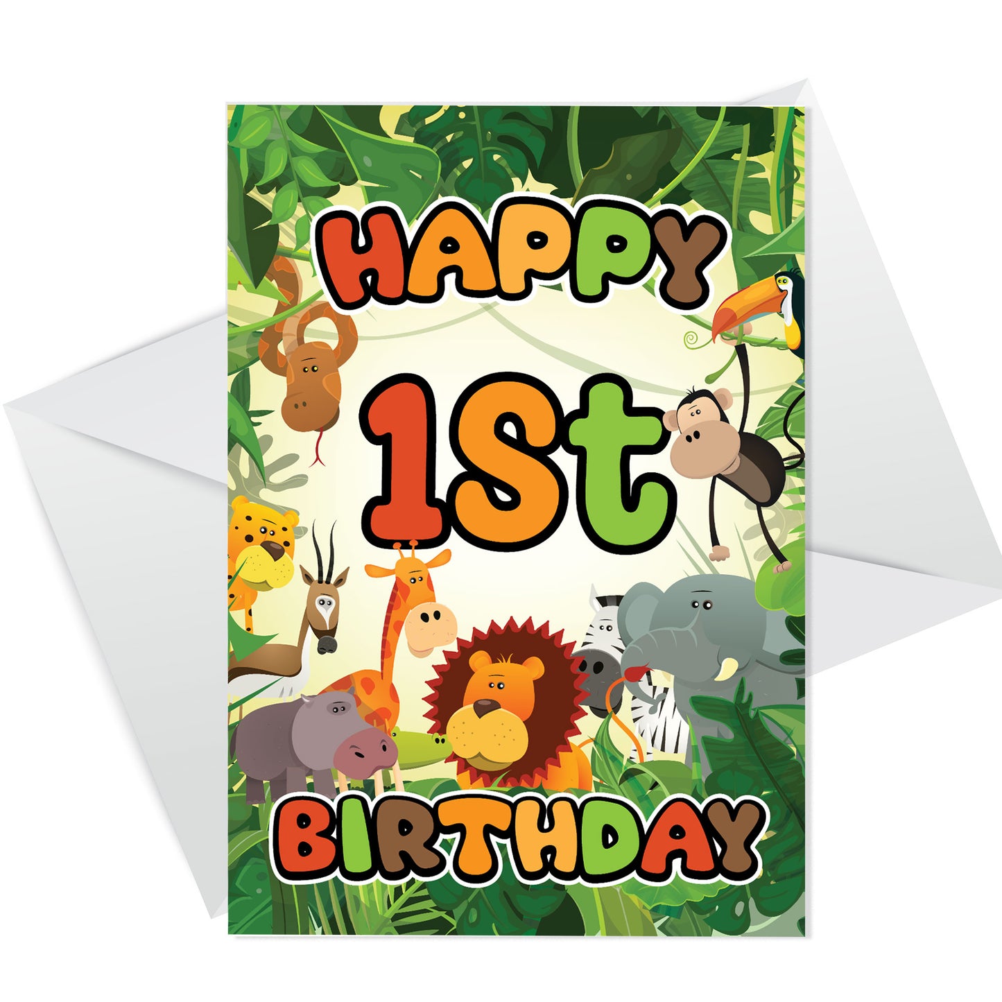 1st Birthday Card for Boys Girls Jungle Safari Animals 1 Year