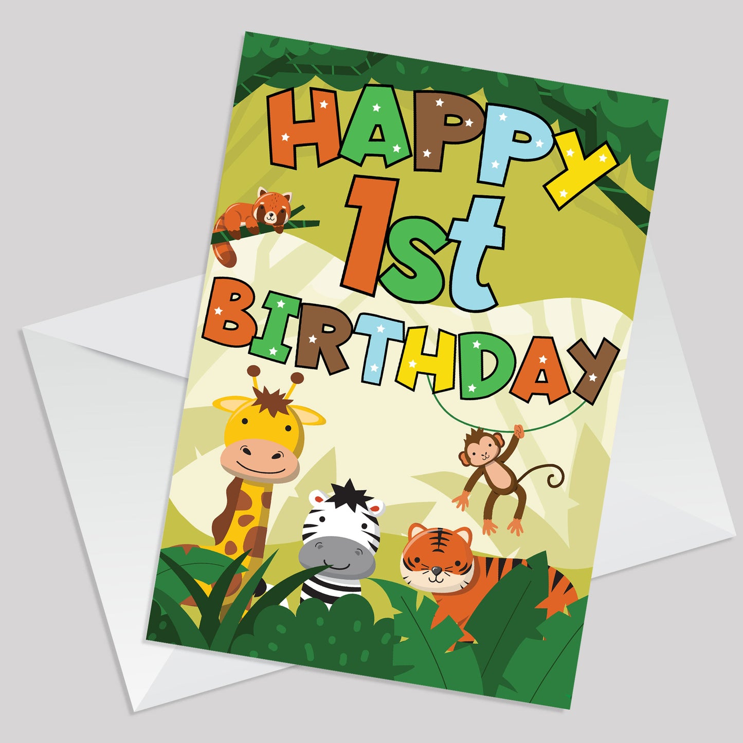 1st Birthday Jungle Animal Card for Boys Girls 1 Year Old Card