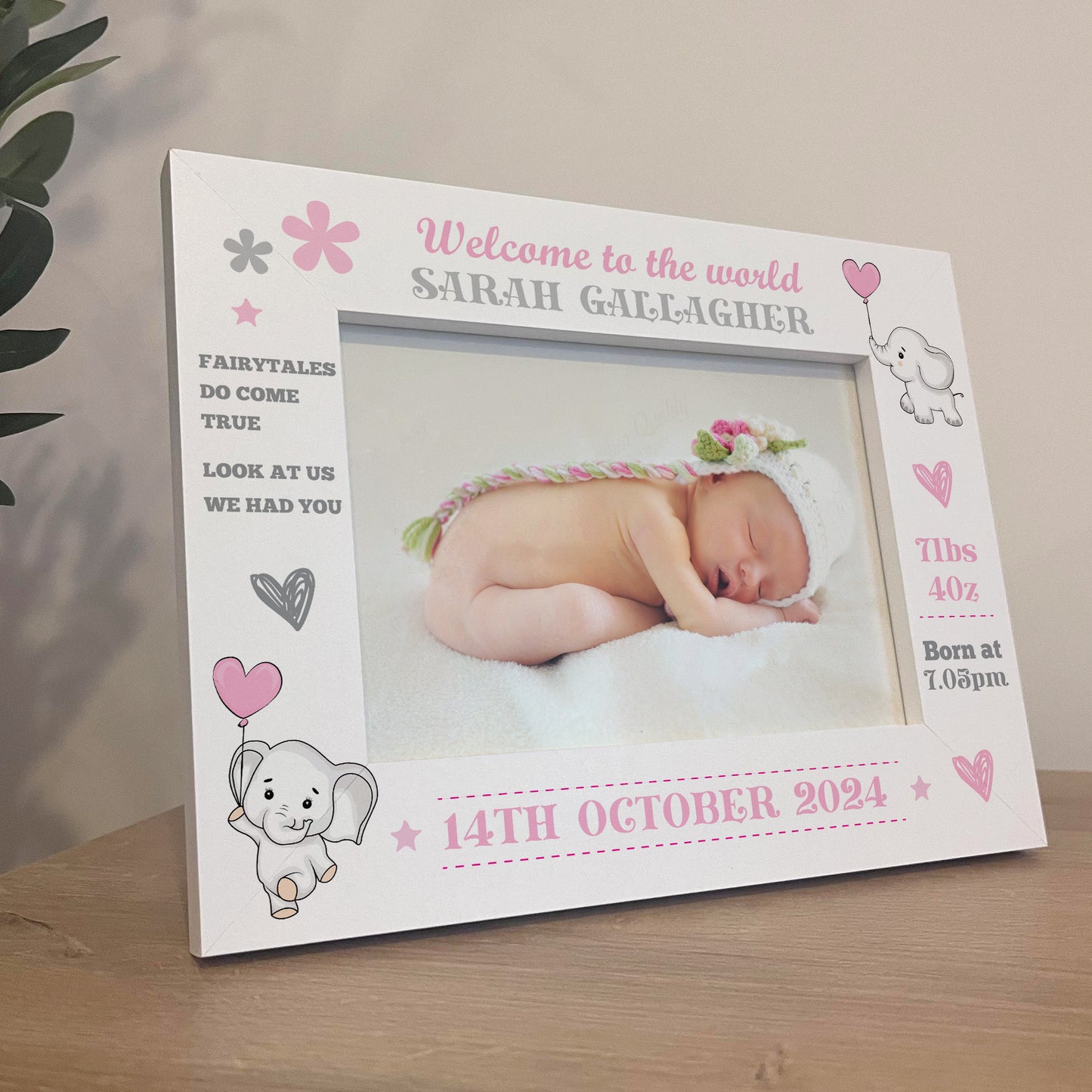 Personalised Newborn Baby Girl 7x5 White Wooden Photo Frame