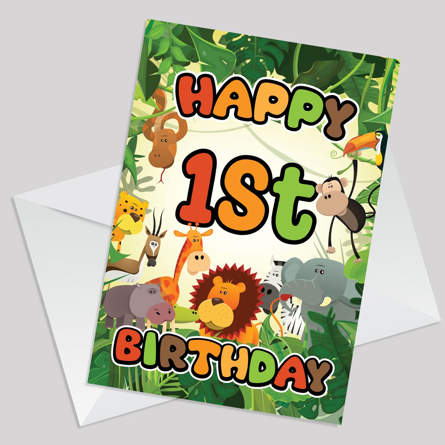 1st Birthday Card for Boys Girls Jungle Safari Animals 1 Year