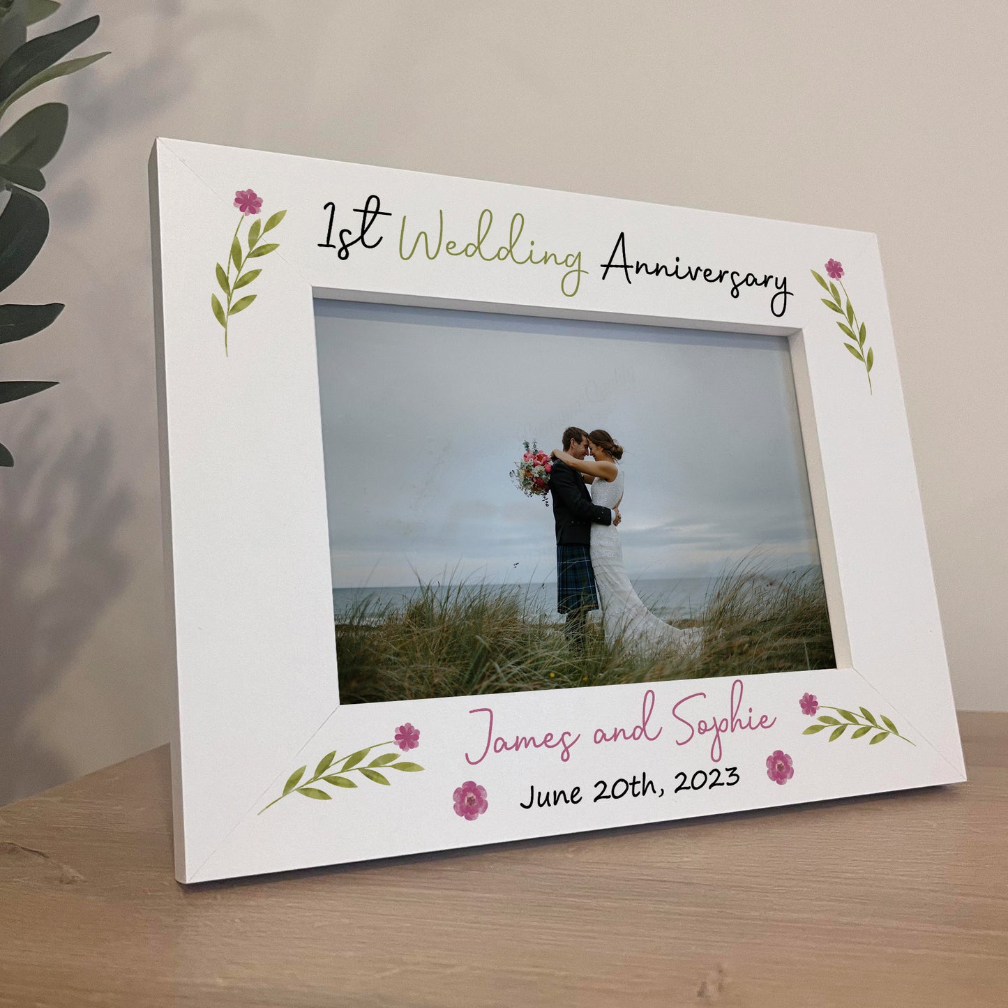 1st Anniversary Wedding Gifts Personalised 7x5 White Frame