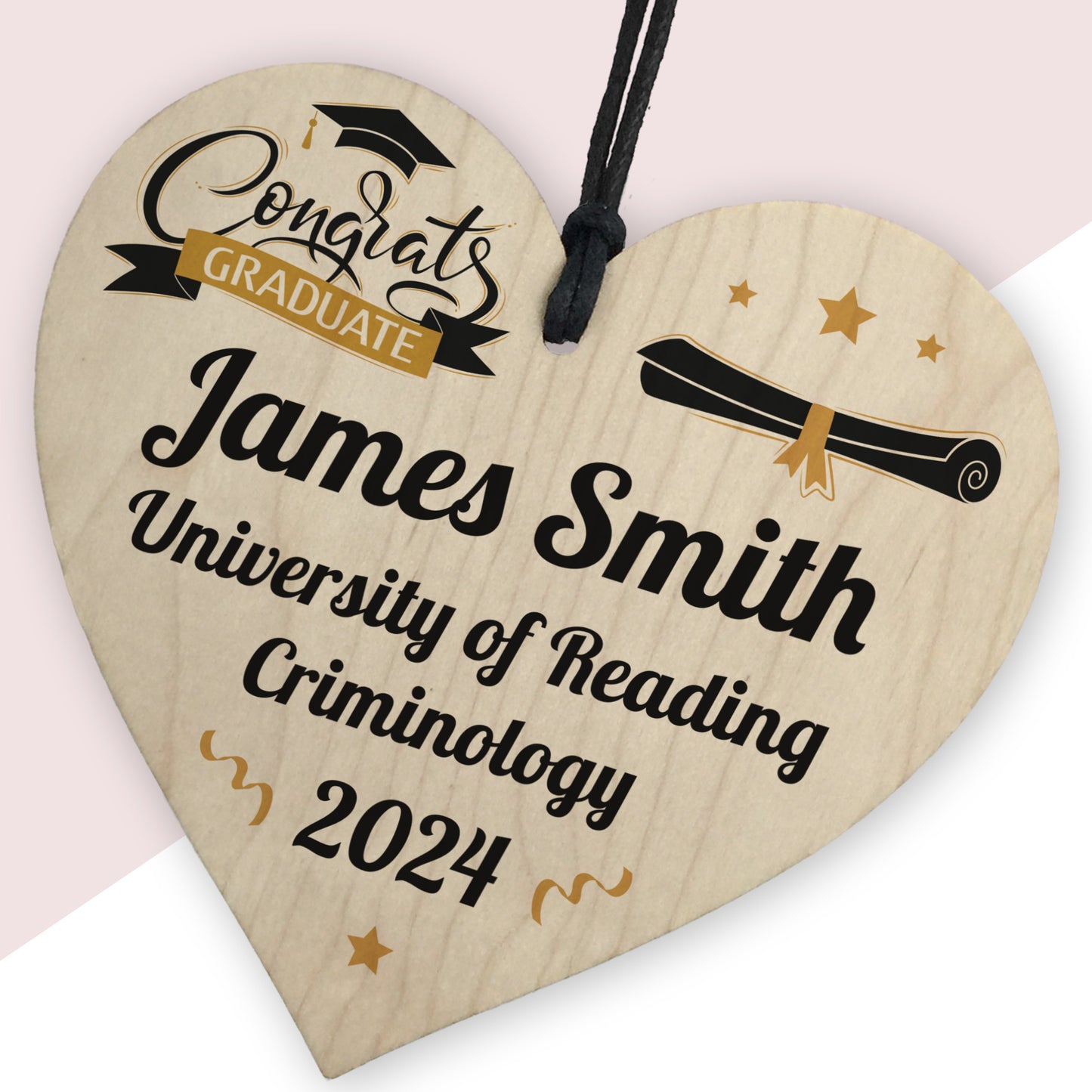 Personalised Graduation Gift Hanging Wood Heart Decoration