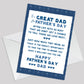 GREAT DAD Card For Fathers Day Card For Him Greetings Cards