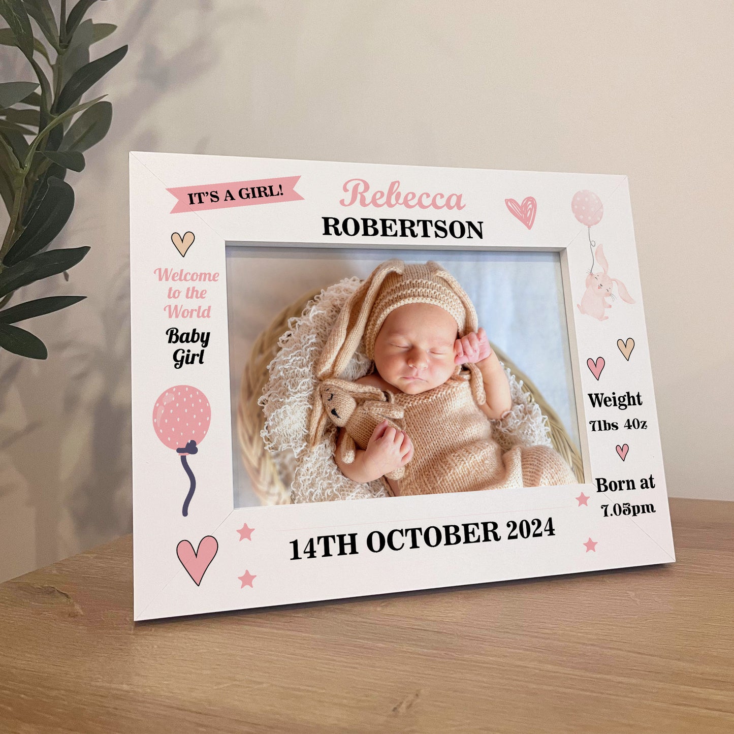 Personalised Baby Girl Birth Details 7x5 Frame Newborn Baby