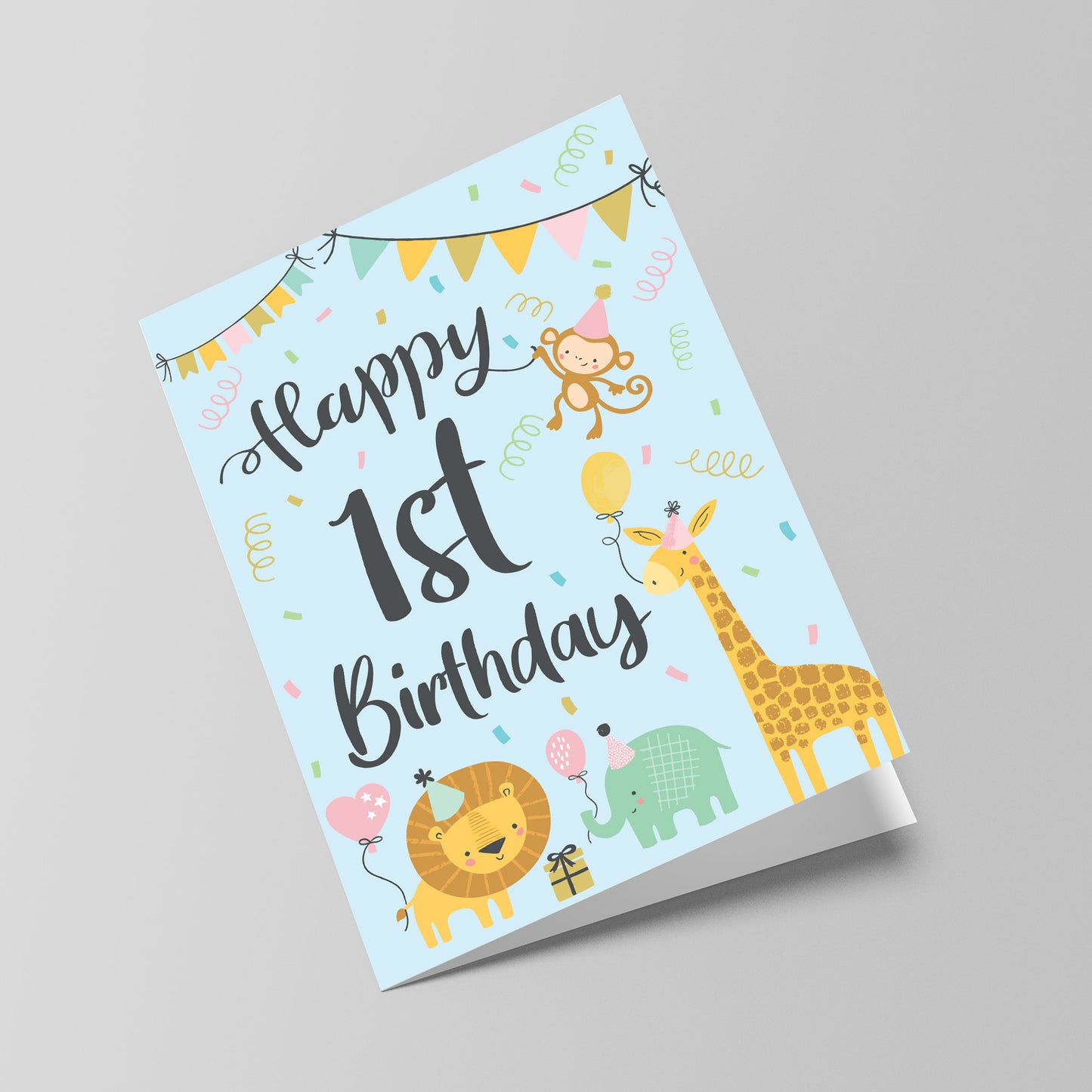 1st Birthday Jungle Animals Card for Girls Boys 1 Year Old Child