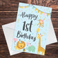 1st Birthday Jungle Animals Card for Girls Boys 1 Year Old Child