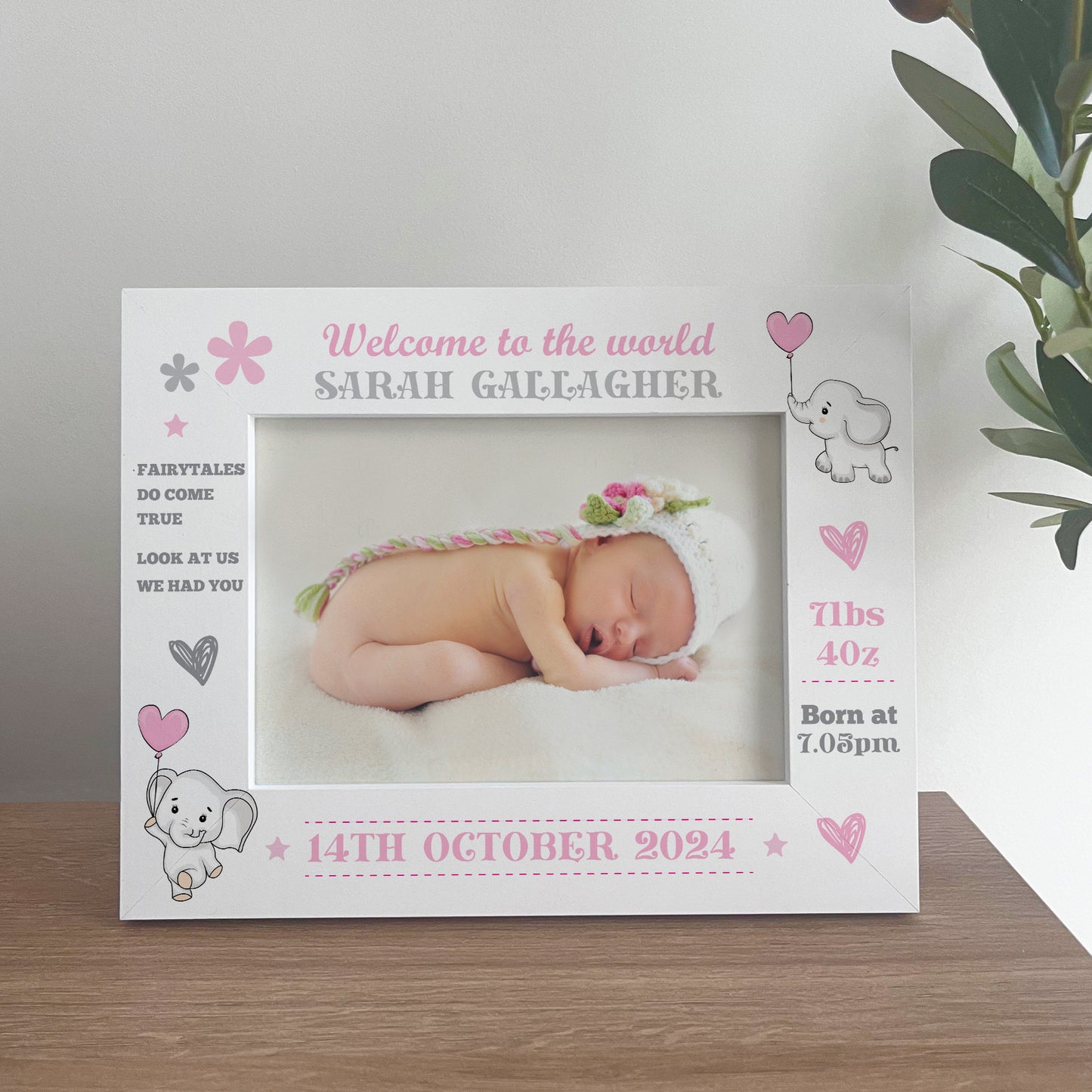 Personalised Newborn Baby Girl 7x5 White Wooden Photo Frame