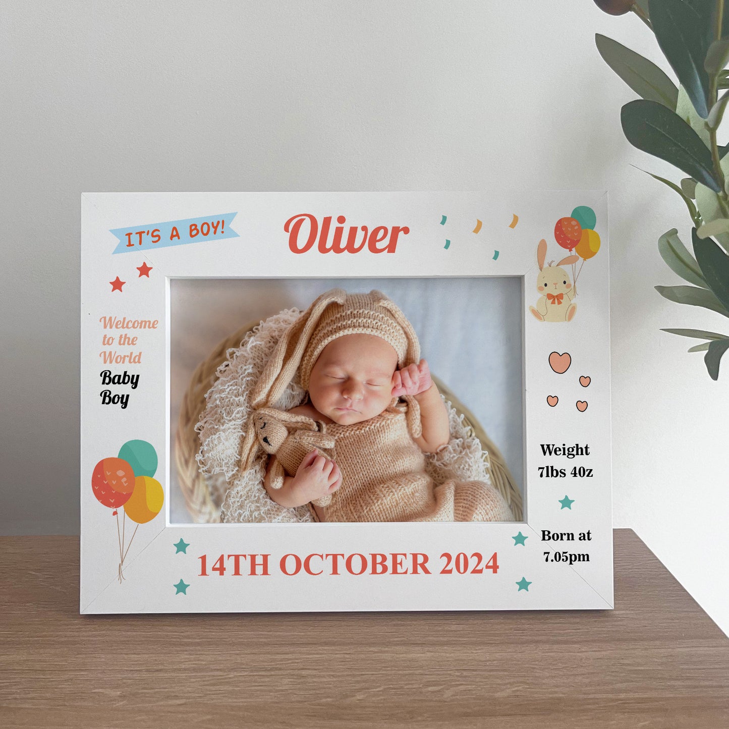 Personalised Baby Boy Birth Details 7x5 White Frame Newborn Baby