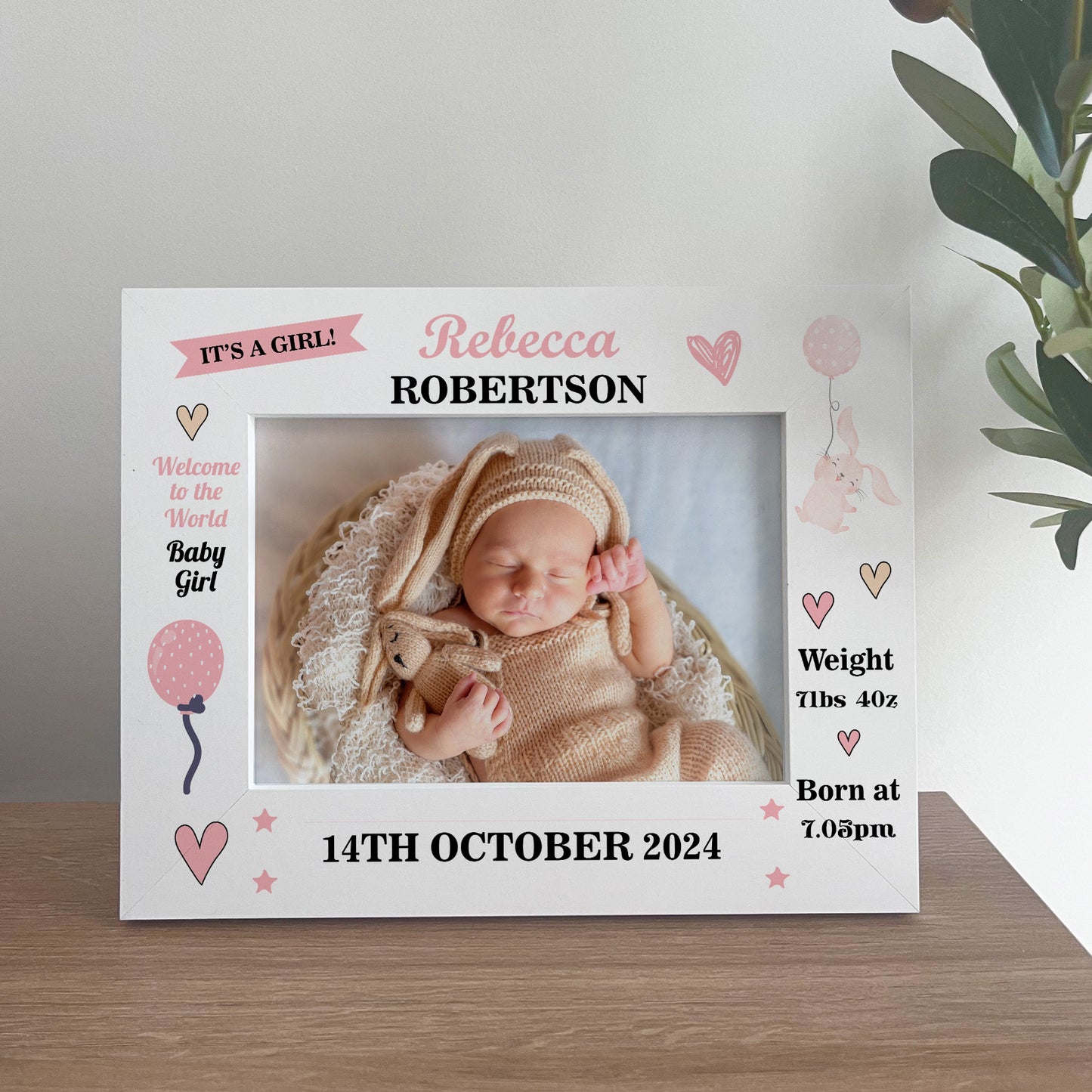 Personalised Baby Girl Birth Details 7x5 Frame Newborn Baby