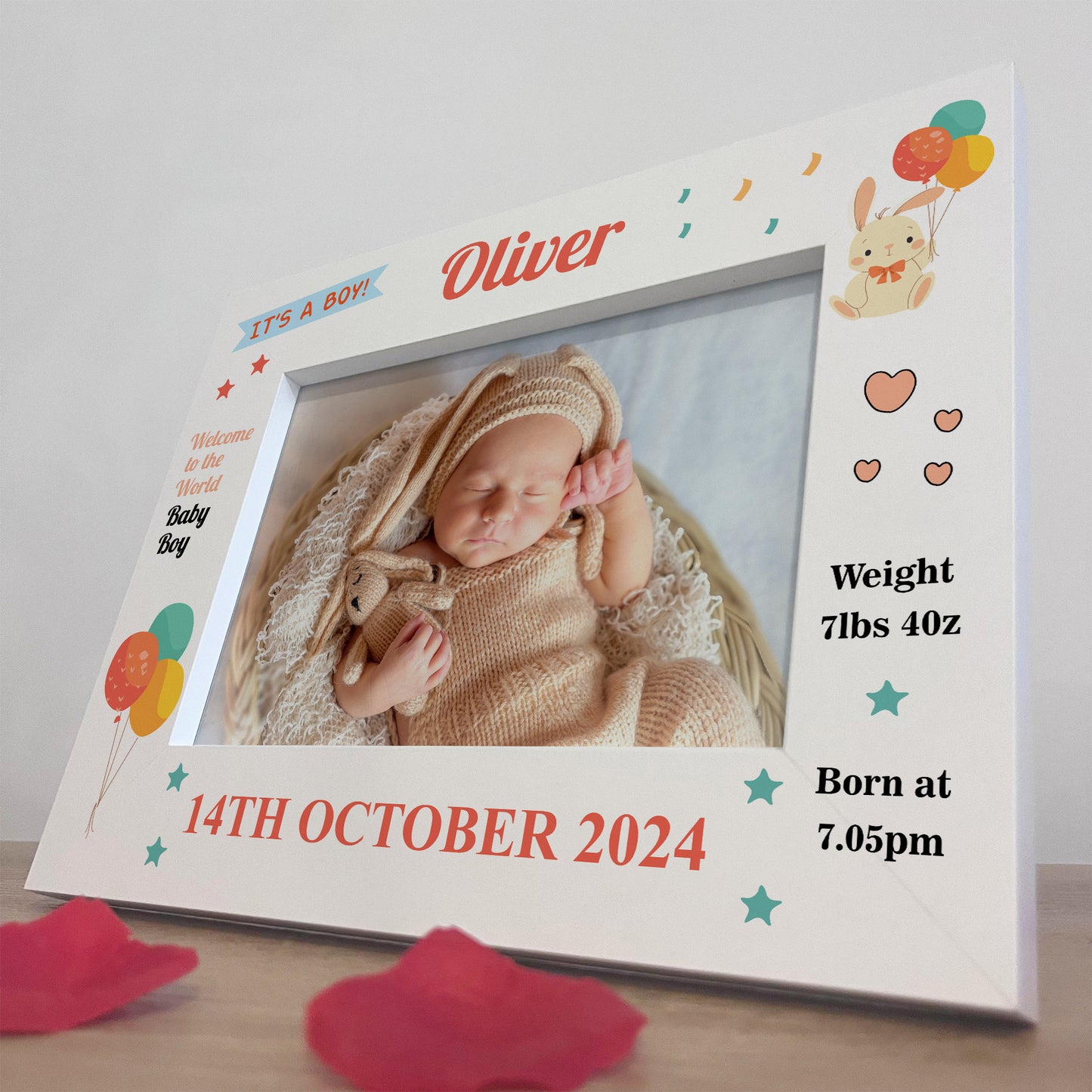 Personalised Baby Boy Birth Details 7x5 White Frame Newborn Baby