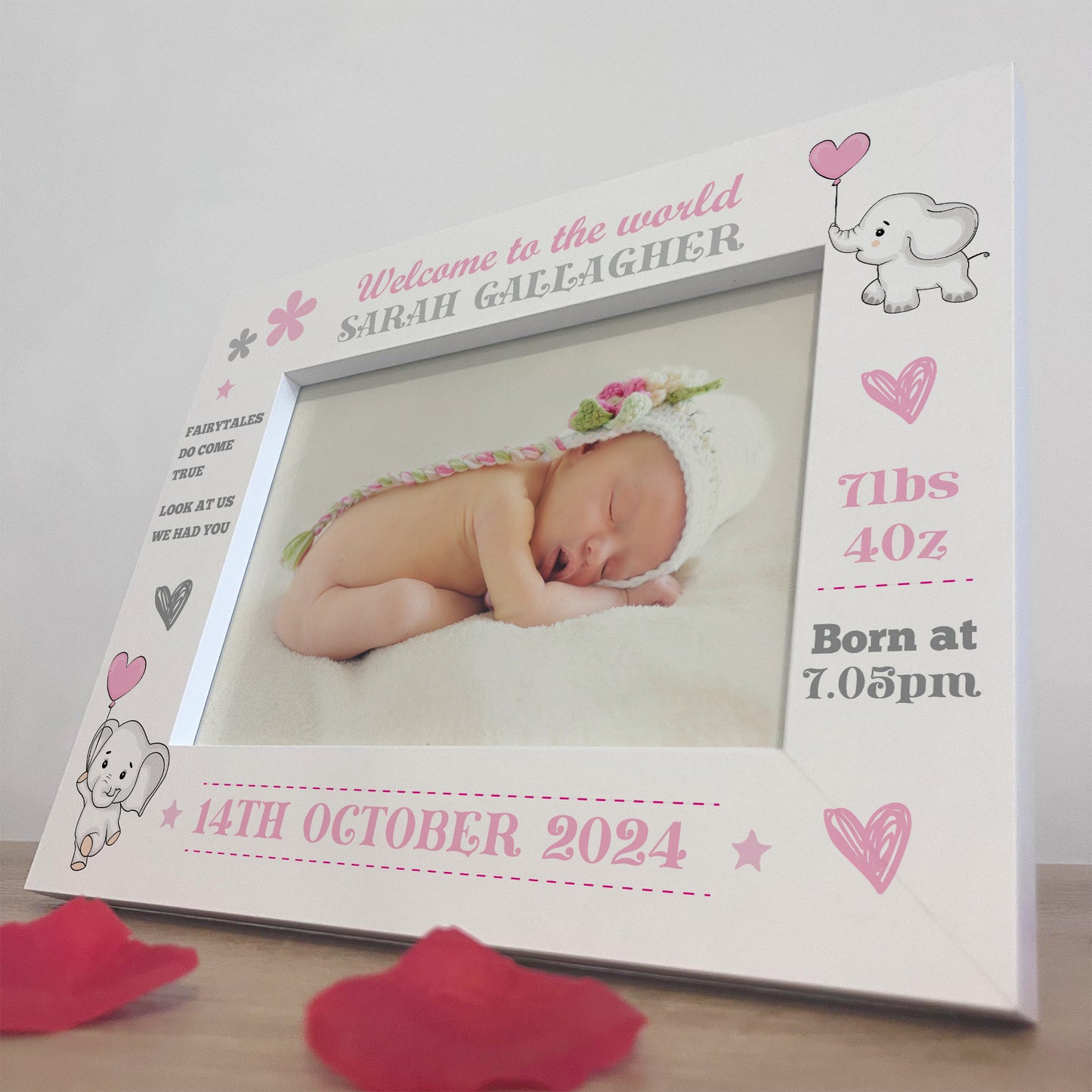 Personalised Newborn Baby Girl 7x5 White Wooden Photo Frame