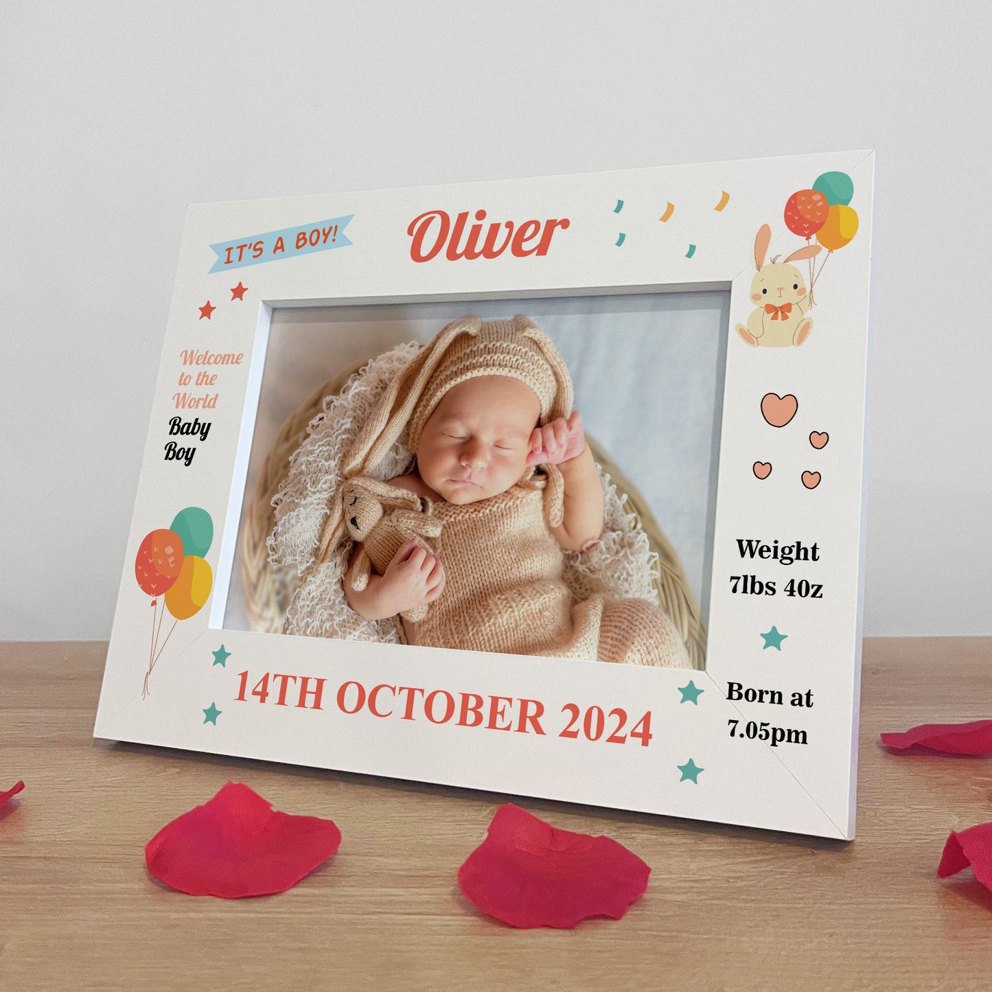 Personalised Baby Boy Birth Details 7x5 White Frame Newborn Baby