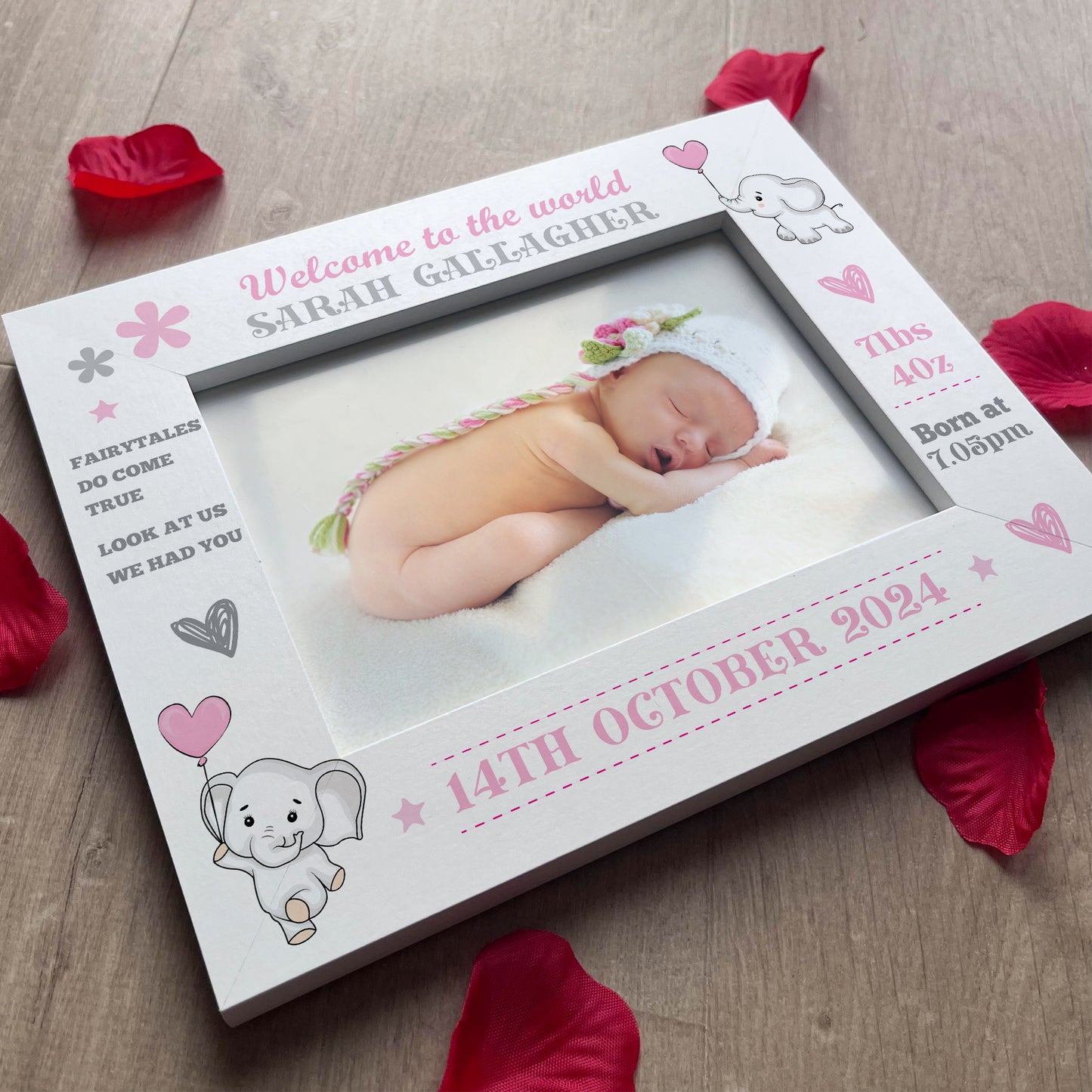 Personalised Newborn Baby Girl 7x5 White Wooden Photo Frame