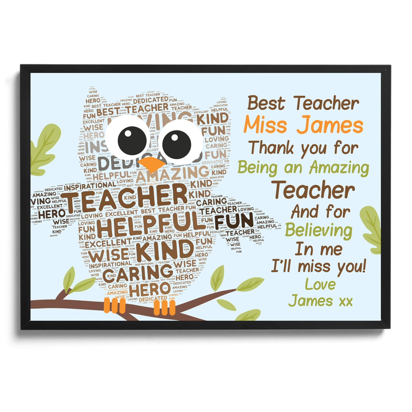 Personalised Teacher Gift Word Art Framed Owl Print Thank You