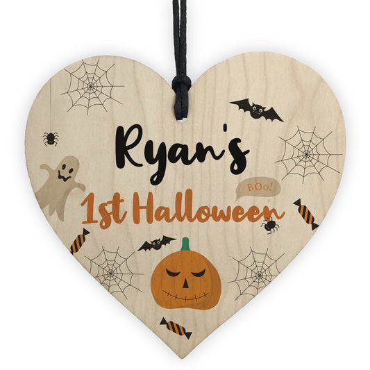 Personalised Babys 1st Halloween Hanging Wood Heart Decoration