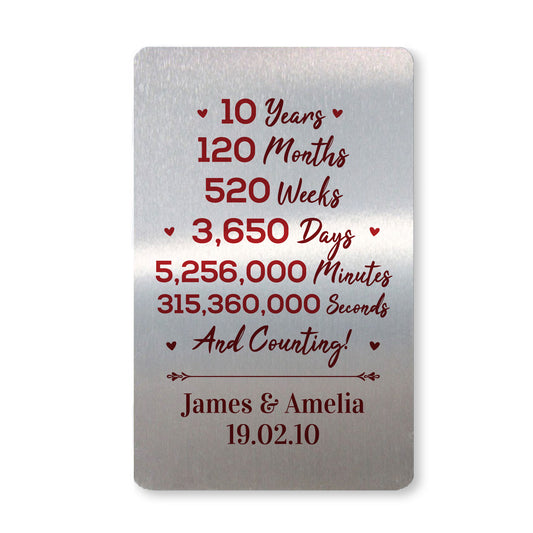 10th Anniversary Gift For Husband Wife Metal Card Personalised