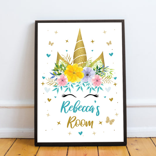 UNICORN PRINT Personalised Girls Bedroom Sign Nursery Print Gift