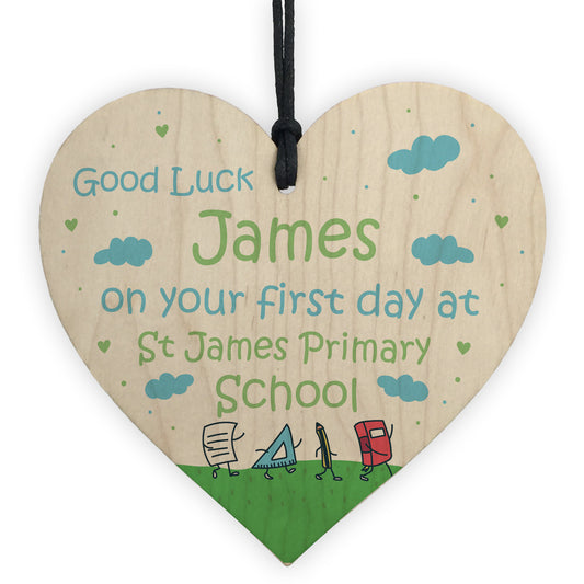 Personalised 1st Day At School Gift Good Luck Wood Heart