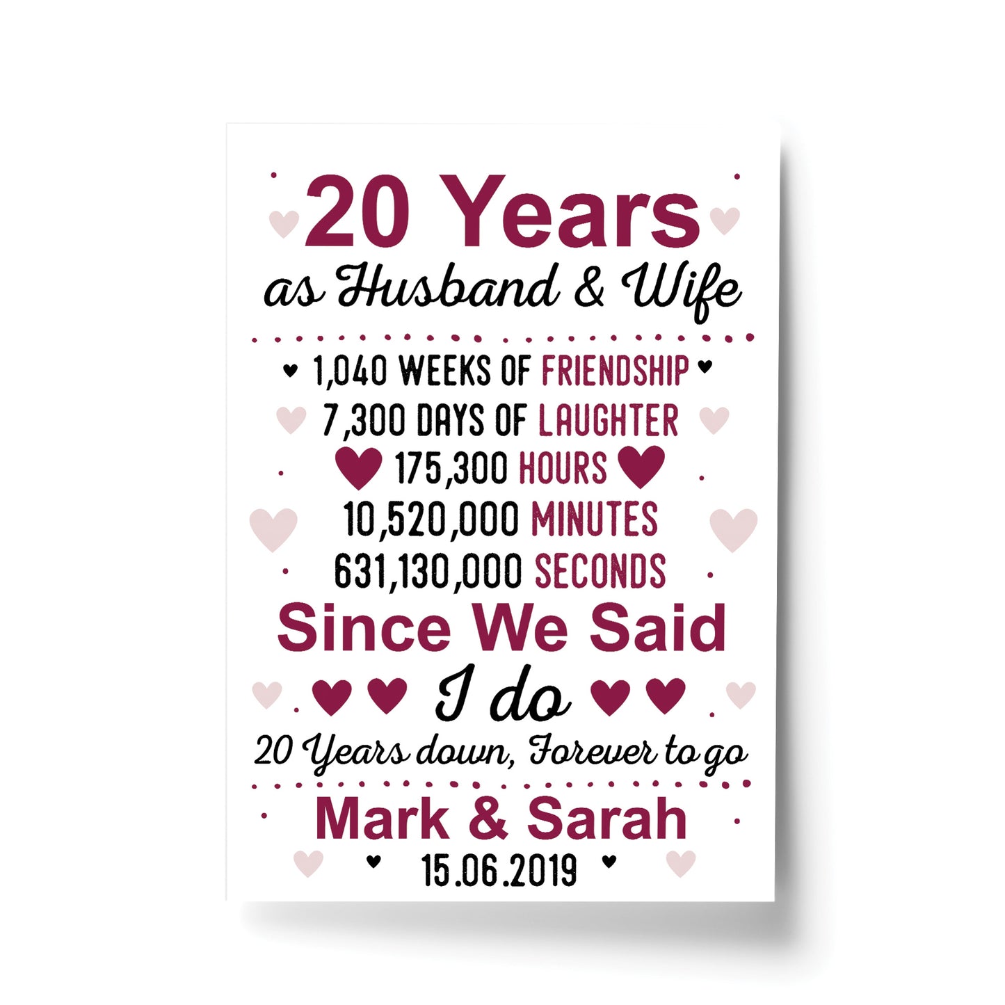 20th Wedding Anniversary Gift Wife Husband Personalised