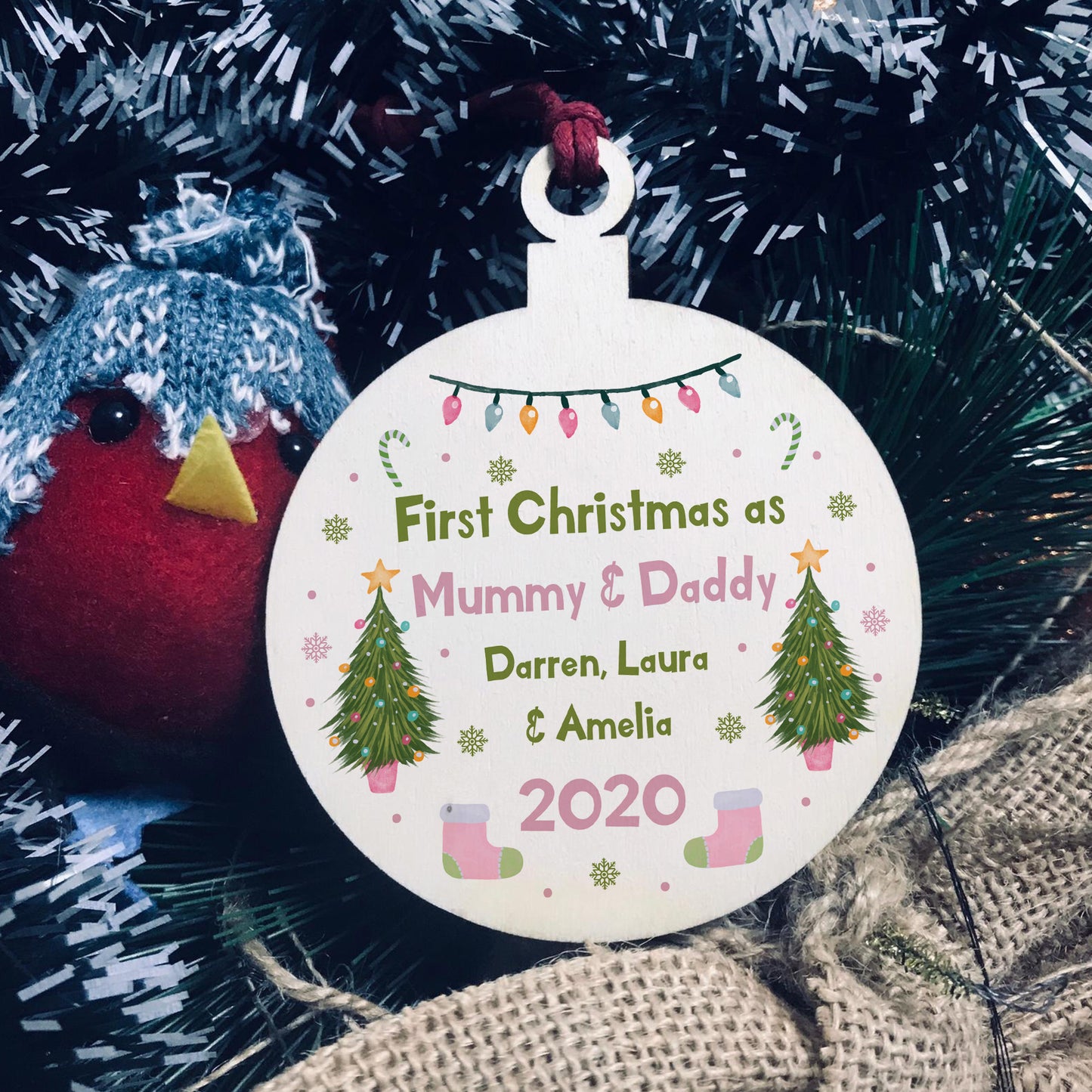 First Christmas Bauble For New Mummy And Daddy Wood Gift