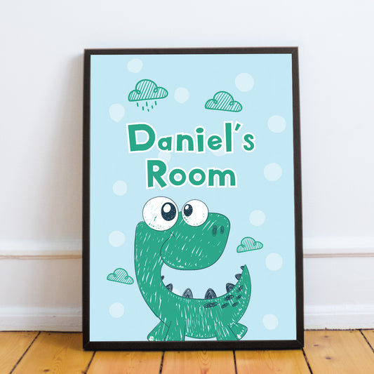 Personalised Dinosaur Theme Framed Print Boys Bedroom Nursery