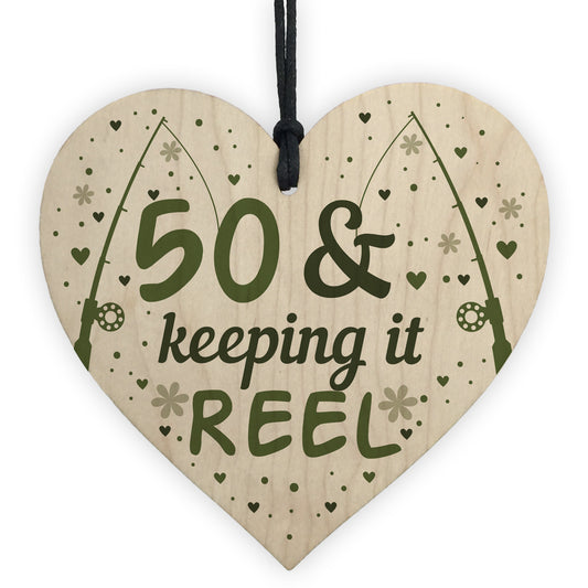 Funny 50th Birthday Fishing Gifts Wooden Heart Birthday Gift