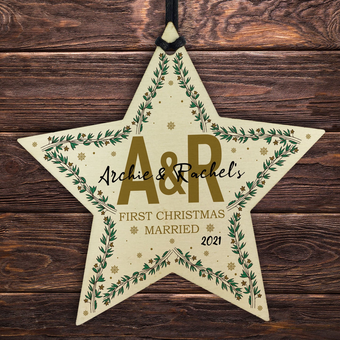 1st Christmas Married Personalised Wooden Star Tree Decoration