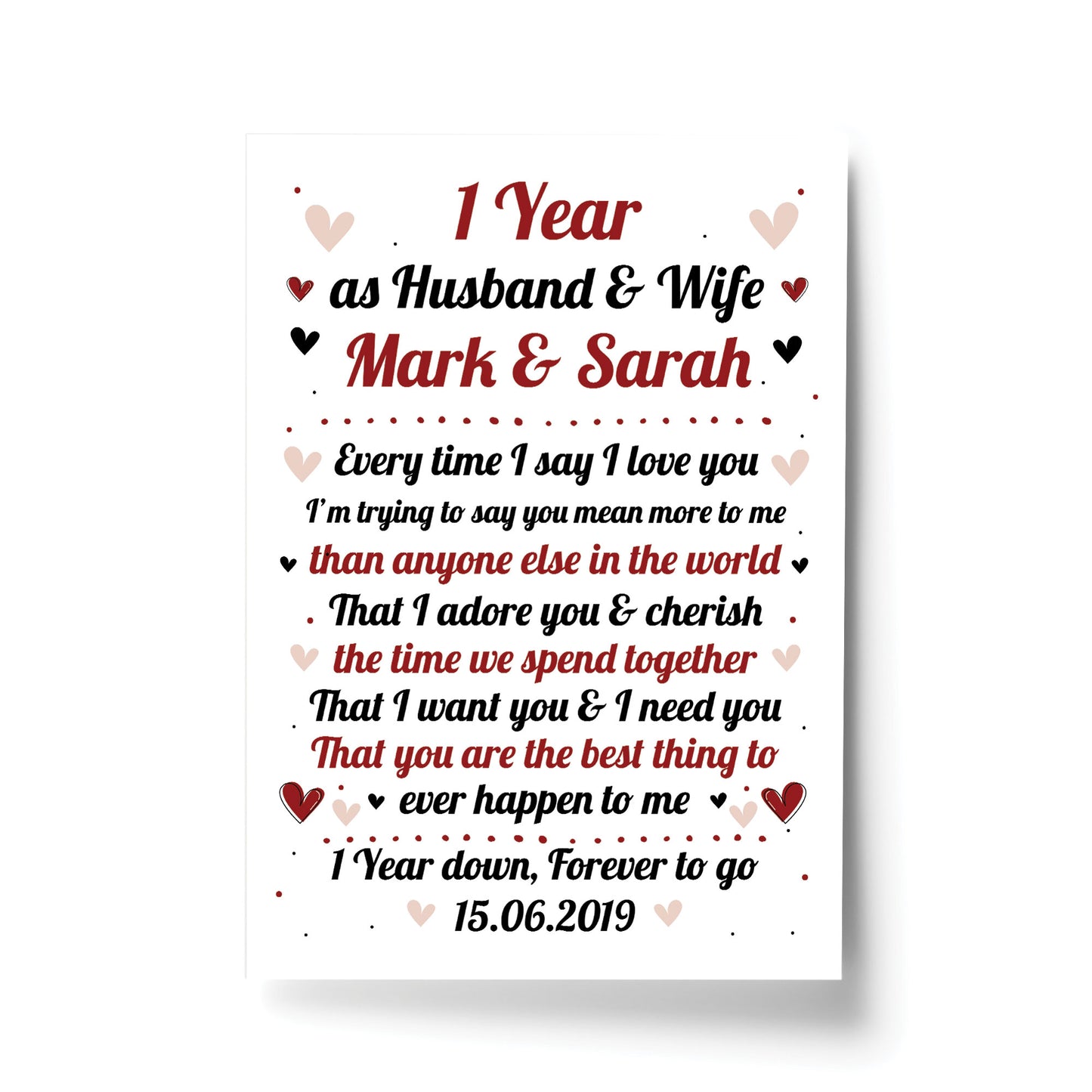 1st Wedding Anniversary Gift For Husband or Wife Print Keepsake