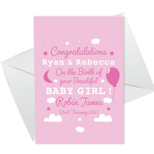 Personalised New Baby Girl Card Congratulations Parents Card