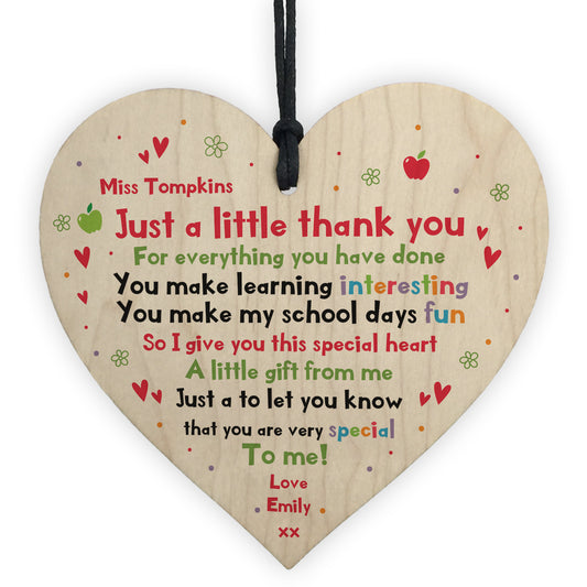 Handmade Personalised Teacher Gift Wood Heart Thank You Leaving