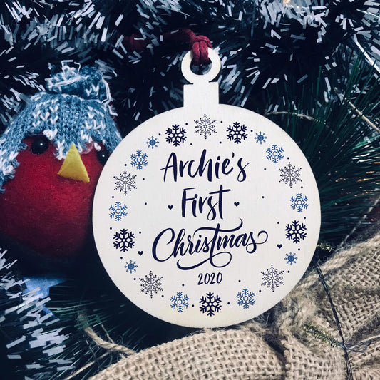 1st Christmas Baby Boy PERSONALISED Wood Bauble Tree Decor