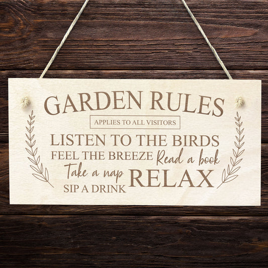 Garden Rules Sign Engraved Hanging Wall Sign Shed Summerhouse