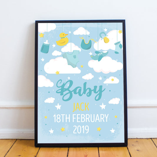 FRAMED Birth Details Print PERSONALISED Baby Boy Gift Wall Art