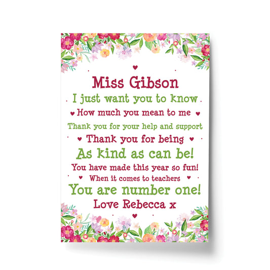 Personalised Teacher Print Leaving School Nursery School Thanks