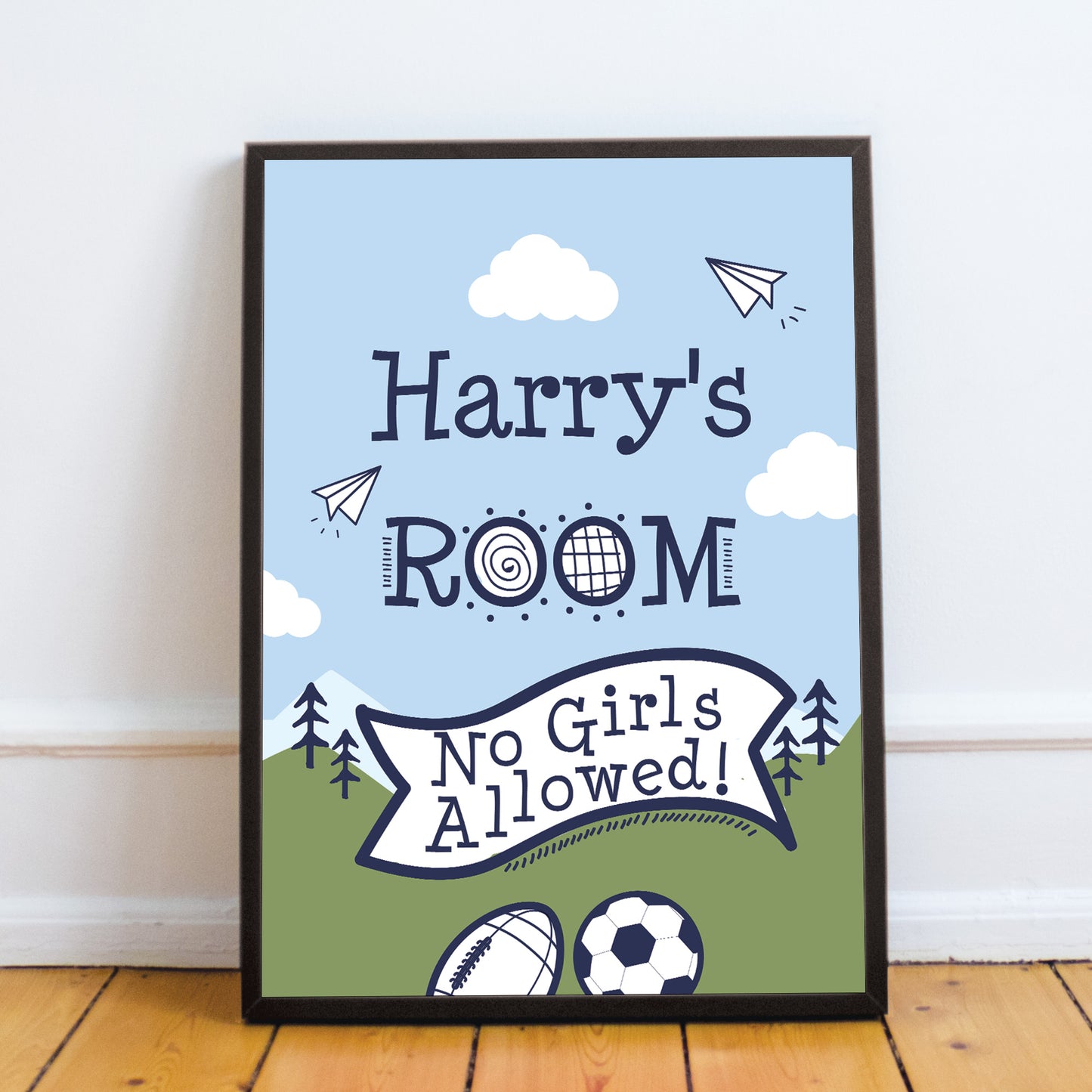 Boys Personalised Bedroom Sign Football Wall Art Framed Print