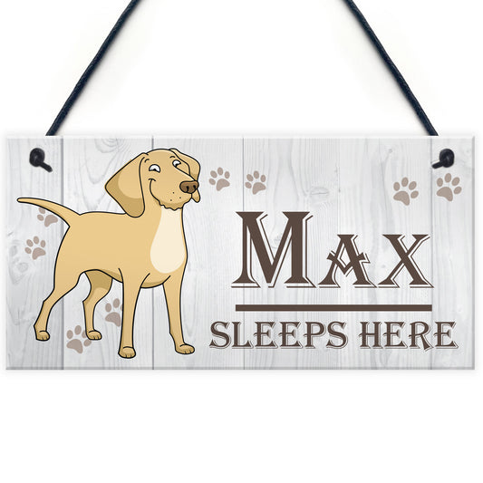 Personalised Dogs Name Sleeps Here Hanging Kennal Bed Sign Gift