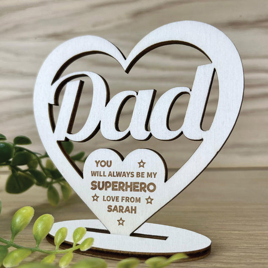 Fathers Day Gift Superhero Gift Wood Heart Dad Birthday Gift