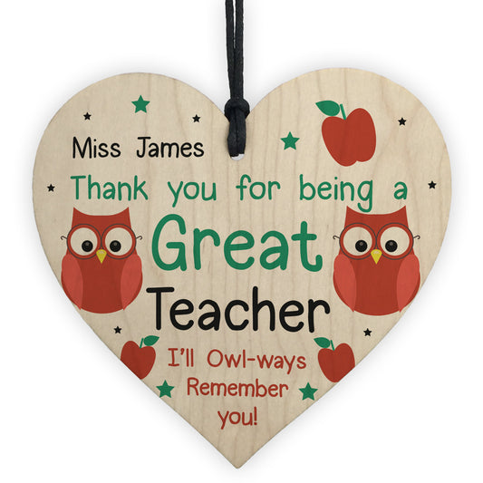 Thank You Teacher Gift Heart Hanging Sign Personalised Friend