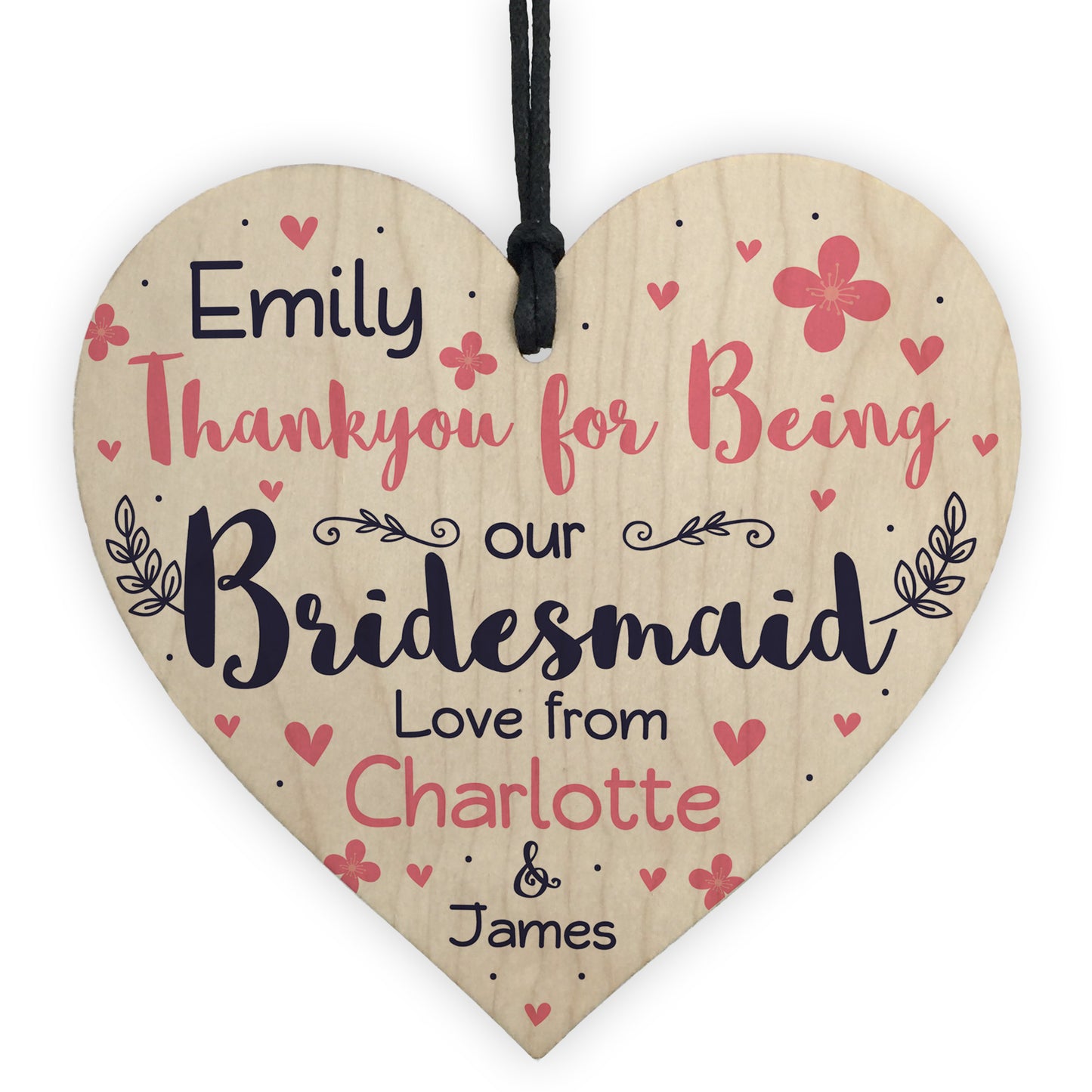 Personalised Thank You Gift For Bridesmaid Wood Heart Plaque