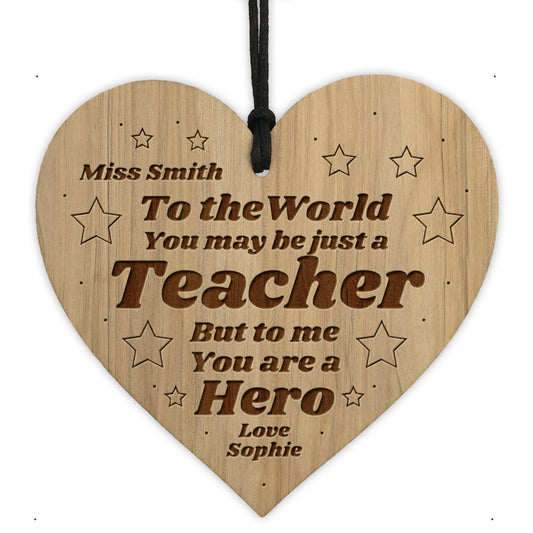 Teacher Gift Thank You Wood Engraved Heart Personalised Gift