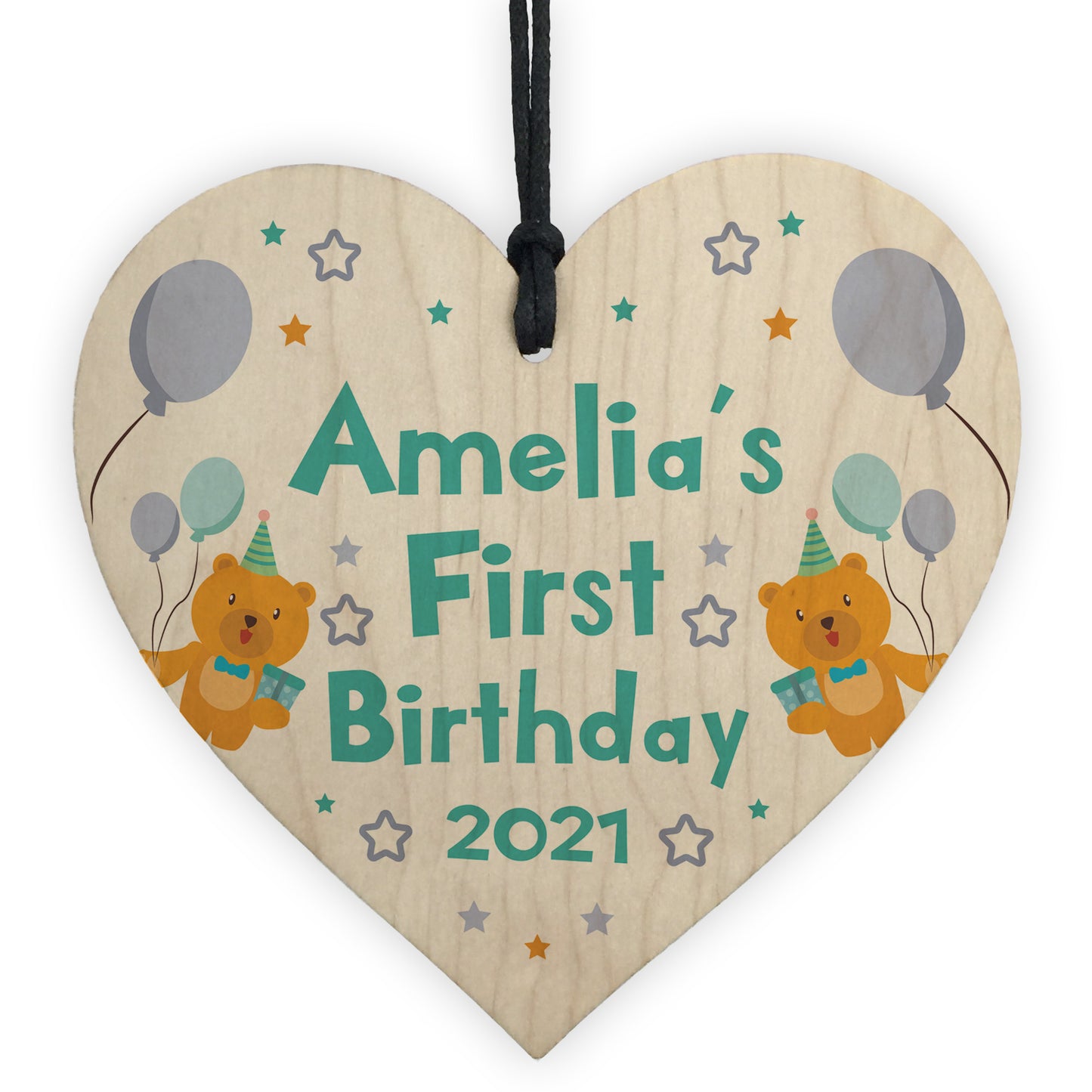 Personalised Any Names 1st Birthday Gift Wood Heart Daughter Son